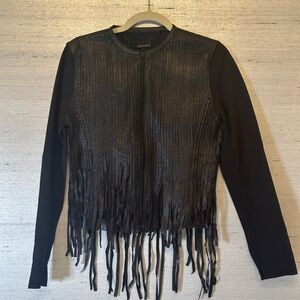 Elie Tahari Paulina Fringe Black Stretch Leather Jacket